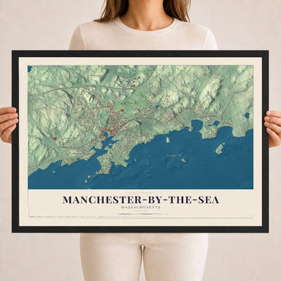 Manchester-by-the-Sea, Massachusetts map print - 18 x 24 black Ayous wood frame