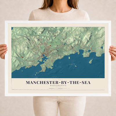 Manchester-by-the-Sea, Massachusetts map print - 18 x 24 white Ayous wood frame