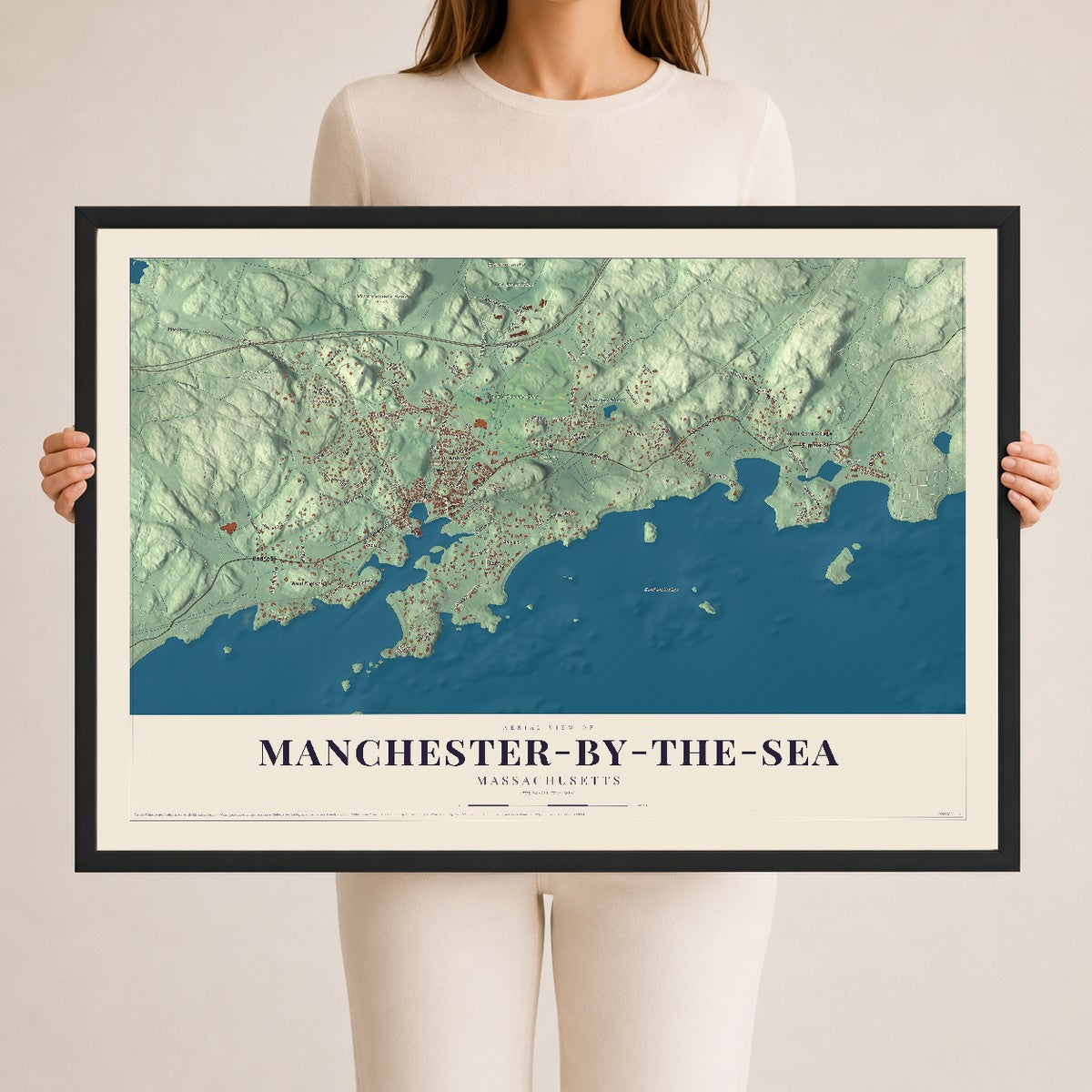 Manchester-by-the-Sea, Massachusetts map print - 24 x 36 black Ayous wood frame