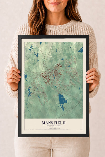 Mansfield, Massachusetts map print - 12 x 18 black Ayous wood frame