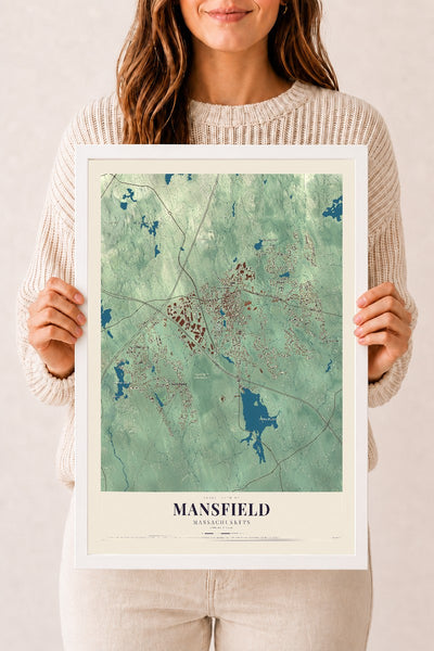Mansfield, Massachusetts map print - 12 x 18 white Ayous wood frame