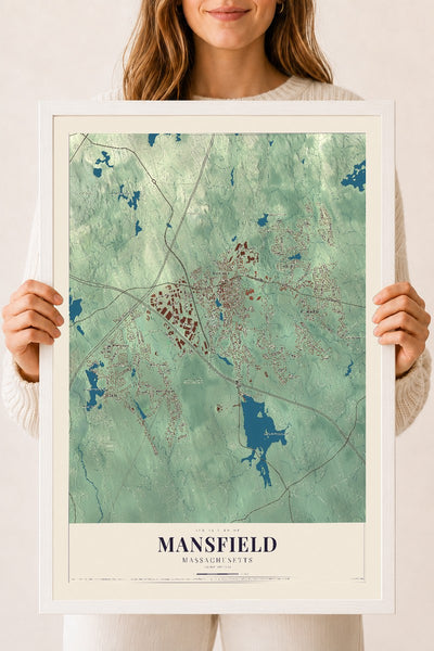 Mansfield, Massachusetts map print - 18 x 24 white Ayous wood frame