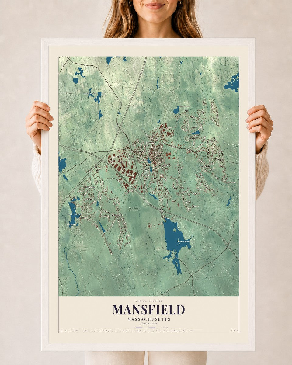 Mansfield, Massachusetts map print - 24 x 36 white Ayous wood frame