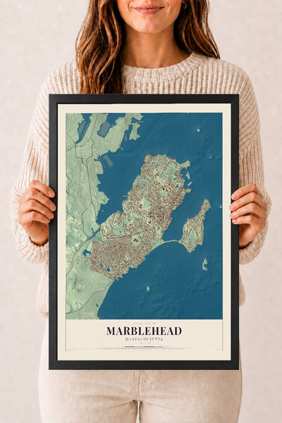 Marblehead, Massachusetts map print - 12 x 18 black Ayous wood frame