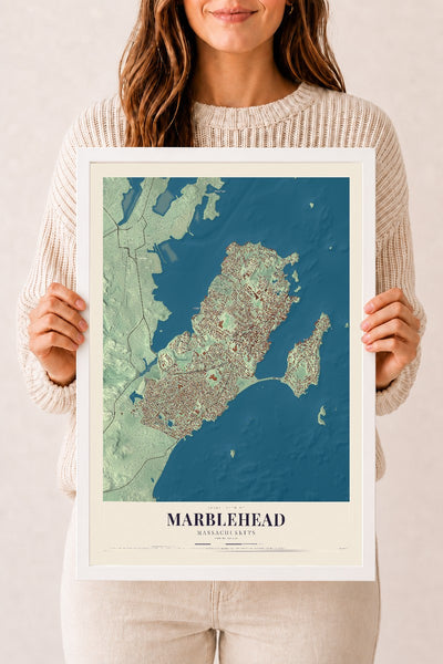 Marblehead, Massachusetts map print - 12 x 18 white Ayous wood frame