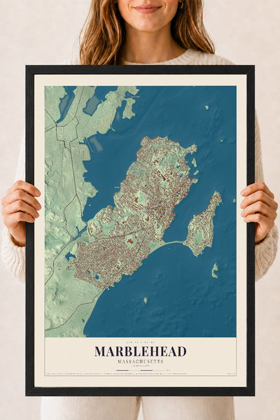 Marblehead, Massachusetts map print - 18 x 24 black Ayous wood frame