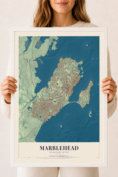 Marblehead, Massachusetts map print - 18 x 24 white Ayous wood frame