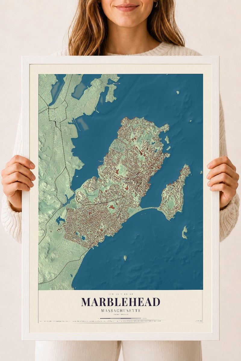 Marblehead, Massachusetts map print - 18 x 24 white Ayous wood frame