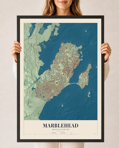 Marblehead, Massachusetts map print - 24 x 36 black Ayous wood frame