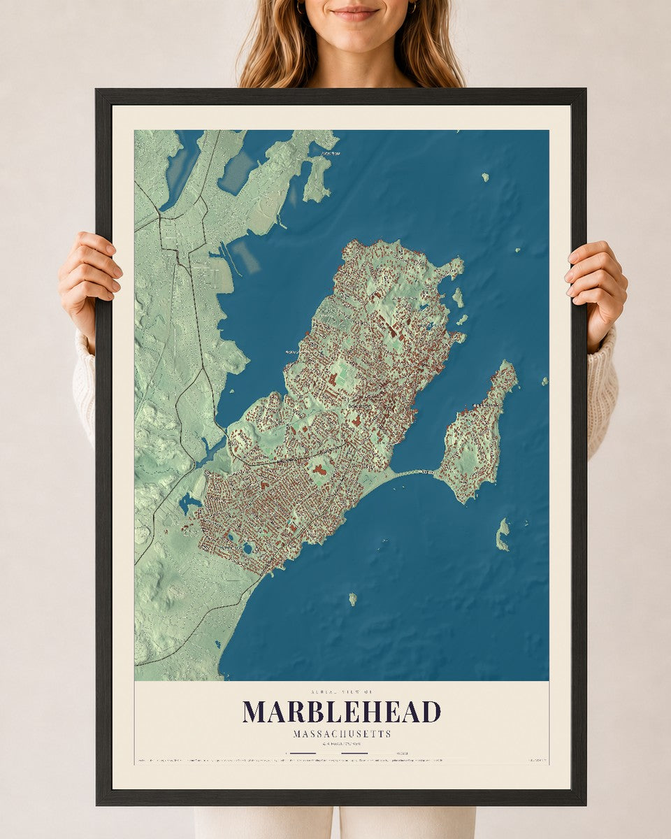 Marblehead, Massachusetts map print - 24 x 36 black Ayous wood frame