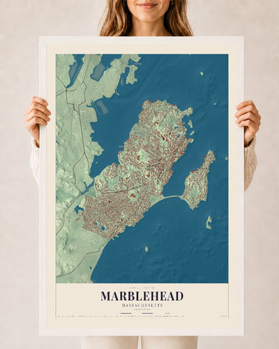 Marblehead, Massachusetts map print - 24 x 36 white Ayous wood frame