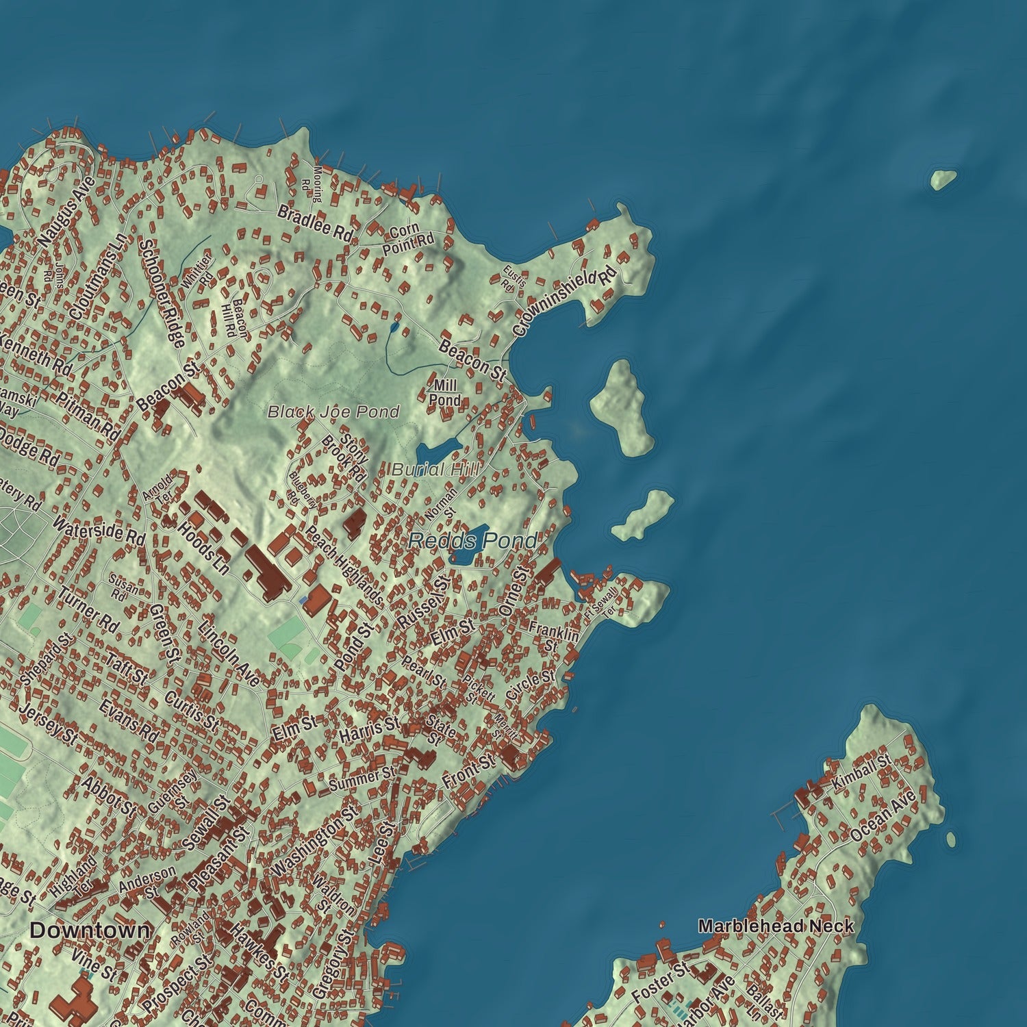Terrain and local geography detail from the Marblehead, Massachusetts map