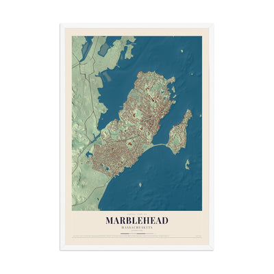 Map of Marblehead, Massachusetts, 12 x 18 inch print in a white wood frame