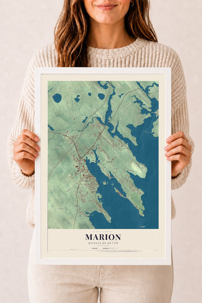 Marion, Massachusetts map print - 12 x 18 white Ayous wood frame