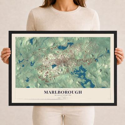 Marlborough, Massachusetts map print - 12 x 18 black Ayous wood frame