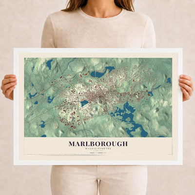 Marlborough, Massachusetts map print - 12 x 18 white Ayous wood frame