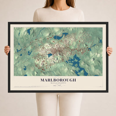 Marlborough, Massachusetts map print - 24 x 36 black Ayous wood frame