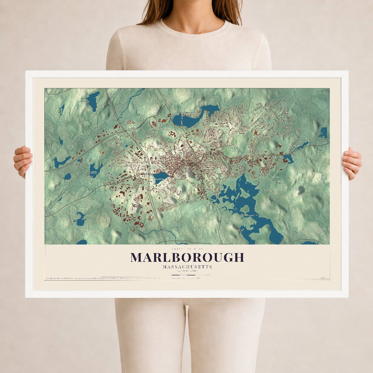 Marlborough, Massachusetts map print - 24 x 36 white Ayous wood frame