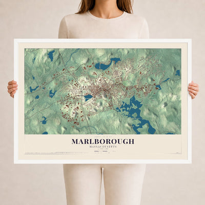 Marlborough, Massachusetts map print - 24 x 36 white Ayous wood frame