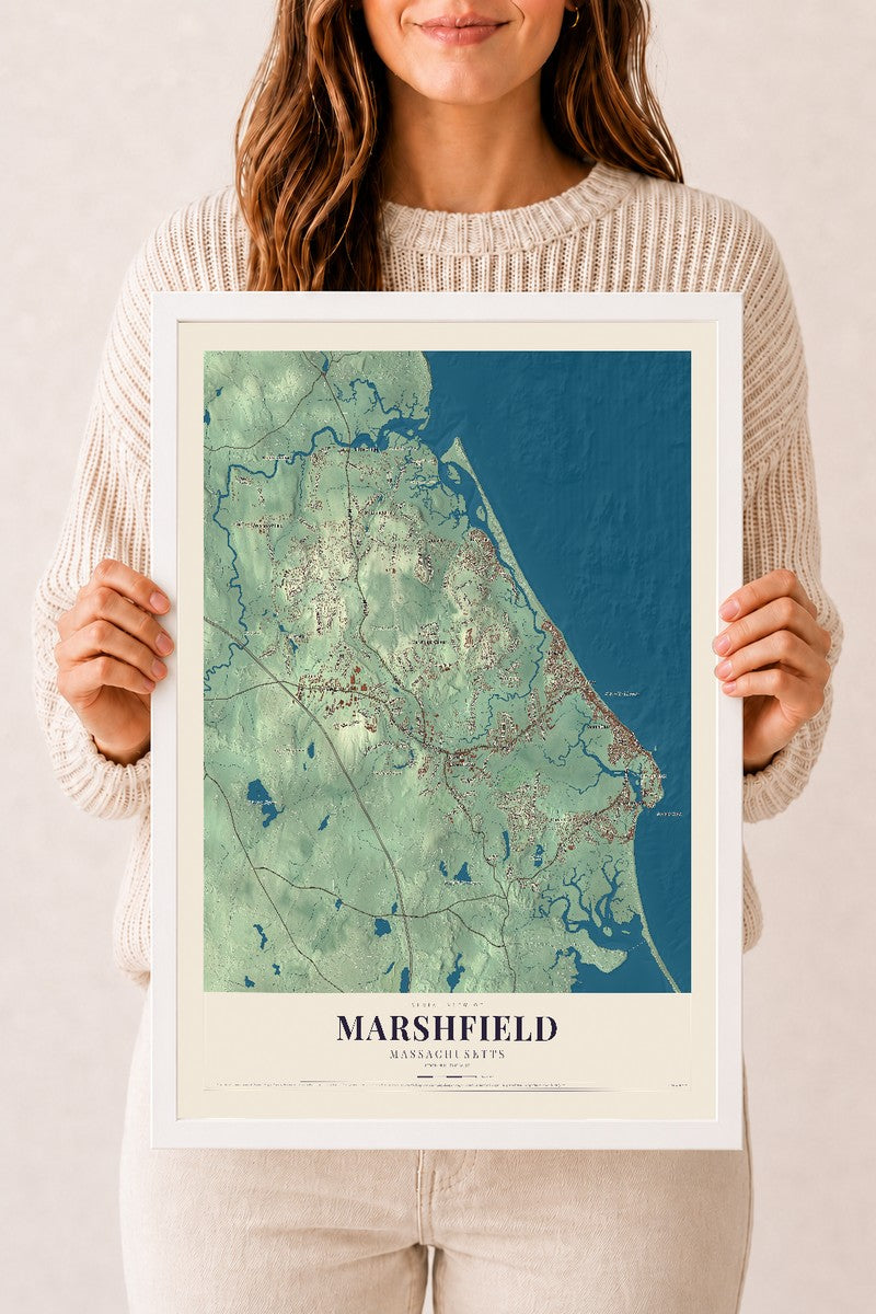 Marshfield, Massachusetts map print - 12 x 18 white Ayous wood frame