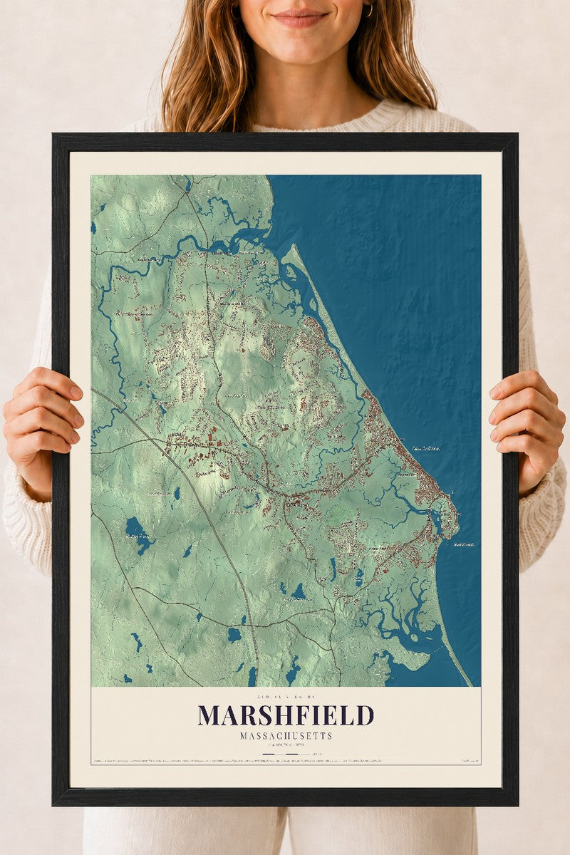 Marshfield, Massachusetts map print - 18 x 24 black Ayous wood frame