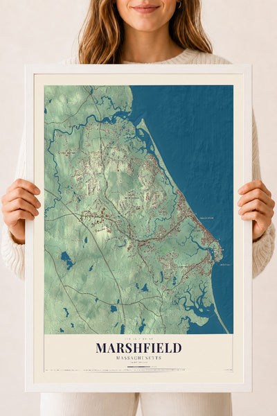 Marshfield, Massachusetts map print - 18 x 24 white Ayous wood frame