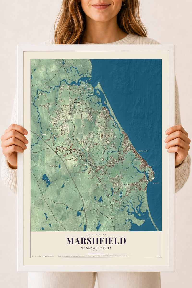Marshfield, Massachusetts map print - 18 x 24 white Ayous wood frame