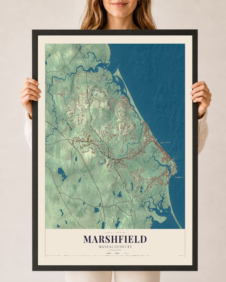 Marshfield, Massachusetts map print - 24 x 36 black Ayous wood frame