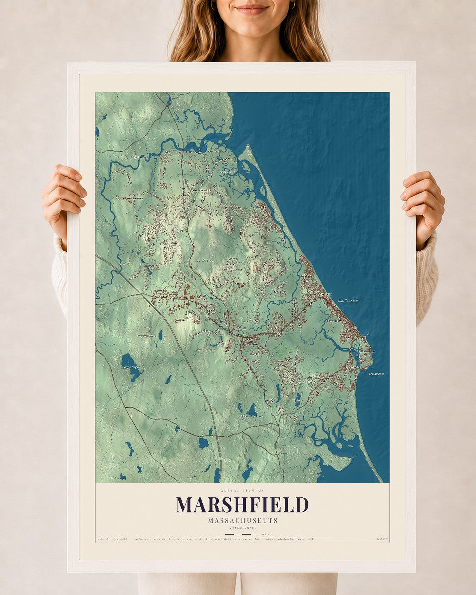 Marshfield, Massachusetts map print - 24 x 36 white Ayous wood frame