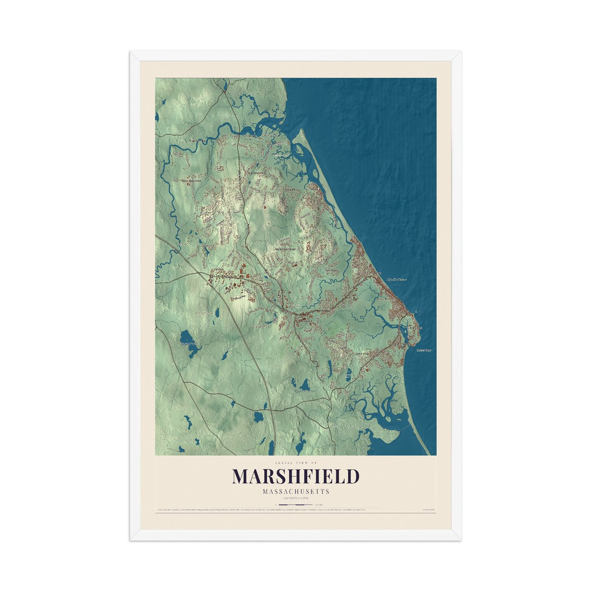 Map of Marshfield, Massachusetts, 12 x 18 inch print in a white wood frame