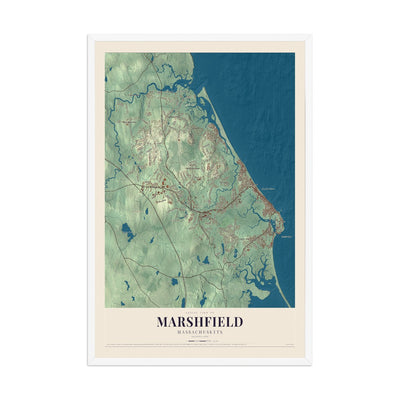 Map of Marshfield, Massachusetts, 12 x 18 inch print in a white wood frame