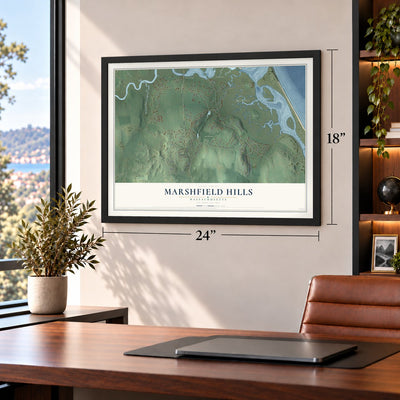 Marshfield Hills, Massachusetts map, 18 x 24 inch print in a black frame in a home office