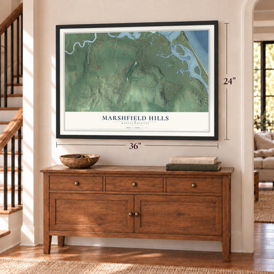 Marshfield Hills, Massachusetts map, 24 x 36 inch print in a black frame above a dresser by a staircase