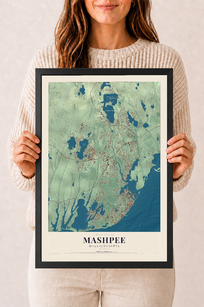 Mashpee, Massachusetts map print - 12 x 18 black Ayous wood frame