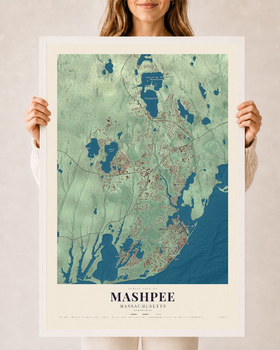 Mashpee, Massachusetts map print - 24 x 36 white Ayous wood frame