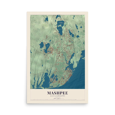 Map of Mashpee, Massachusetts, 12 x 18 inch unframed archival matte print