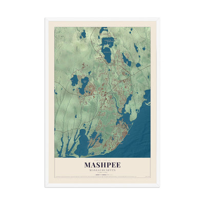 Map of Mashpee, Massachusetts, 12 x 18 inch print in a white wood frame