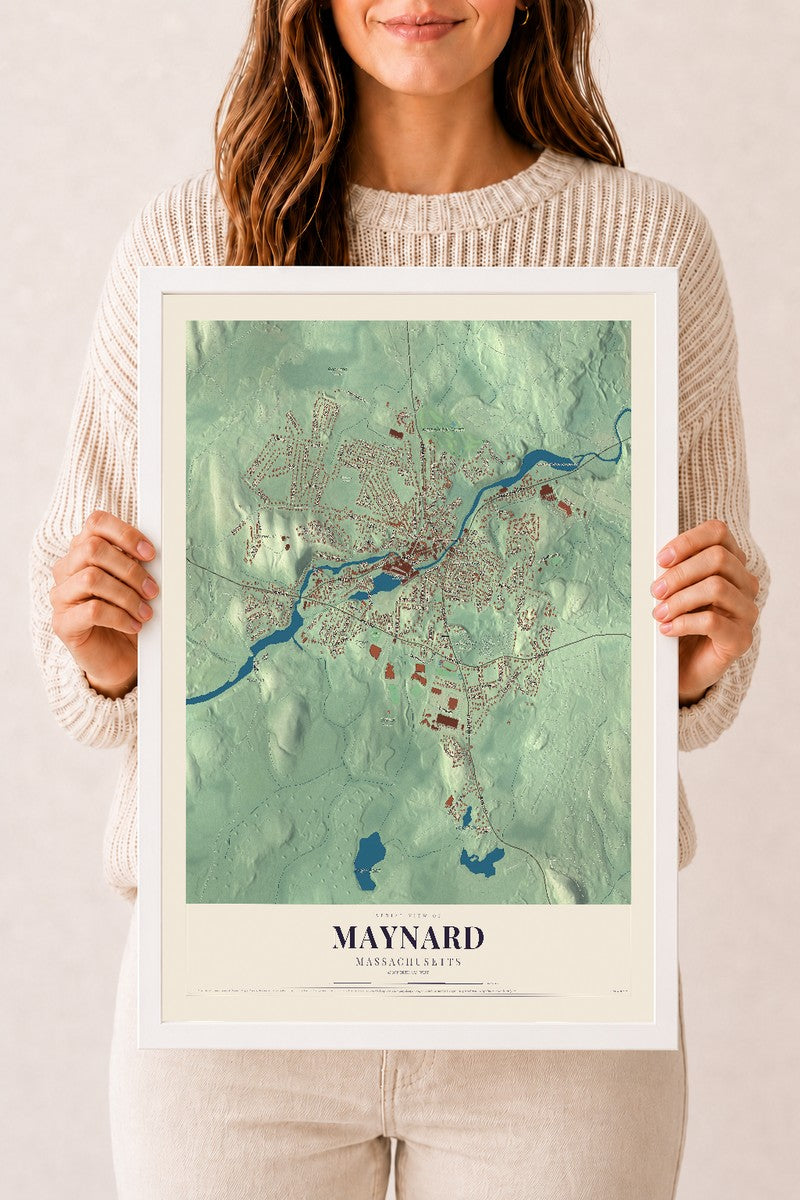 Maynard, Massachusetts map print - 12 x 18 white Ayous wood frame