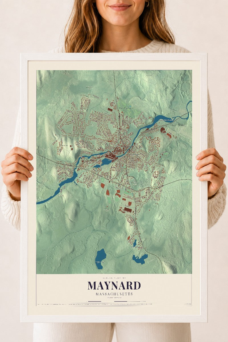 Maynard, Massachusetts map print - 18 x 24 white Ayous wood frame