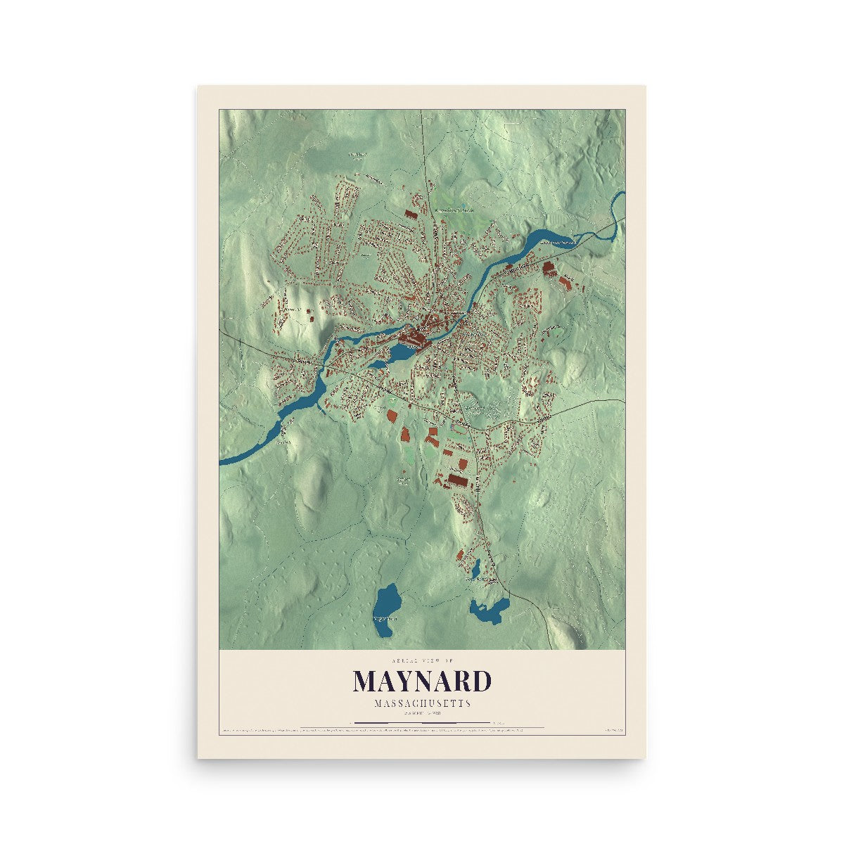 Map of Maynard, Massachusetts, 12 x 18 inch unframed archival matte print