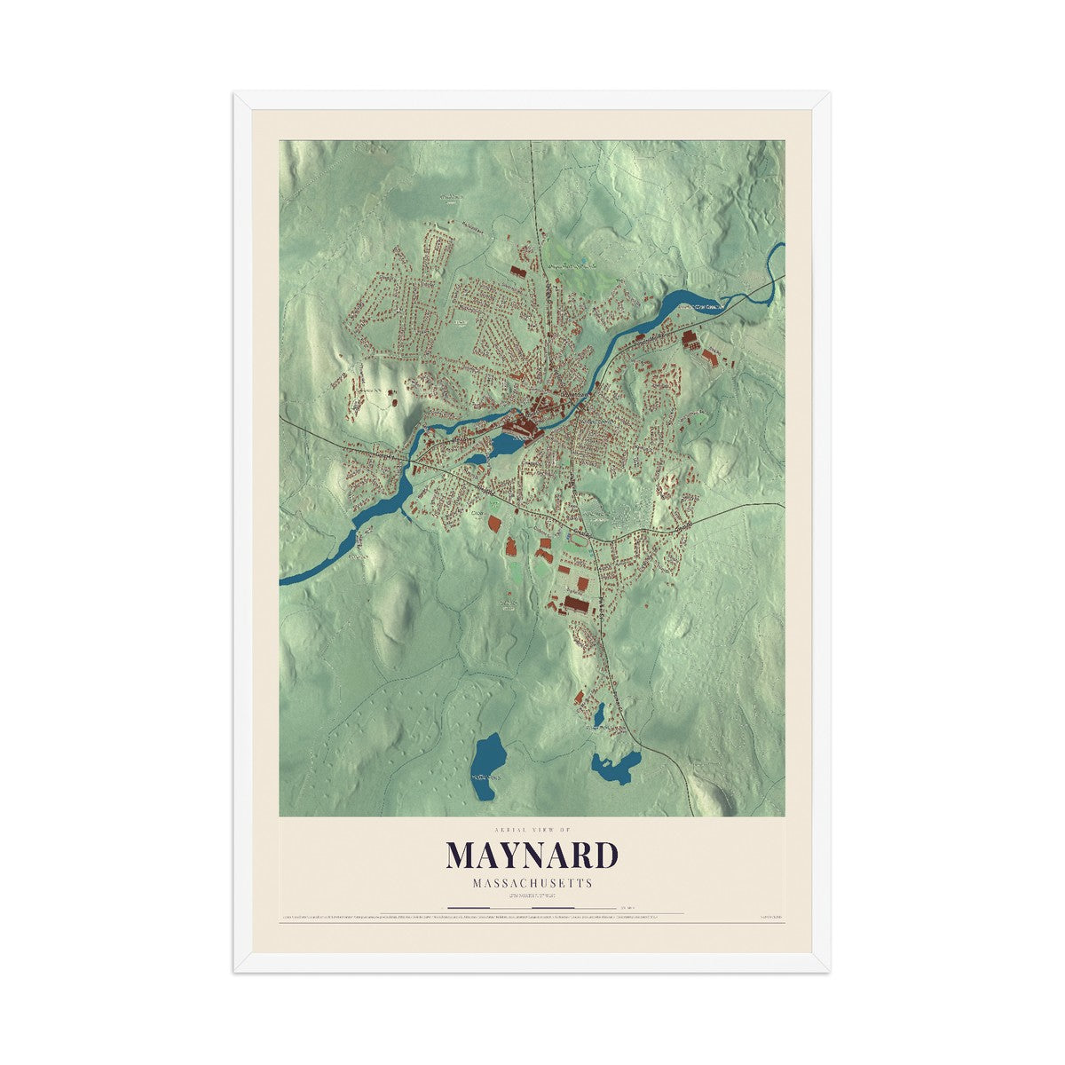 Map of Maynard, Massachusetts, 12 x 18 inch print in a white wood frame