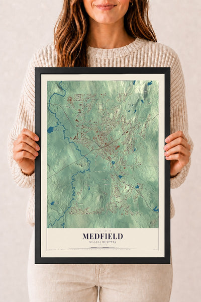 Medfield, Massachusetts map print - 12 x 18 black Ayous wood frame