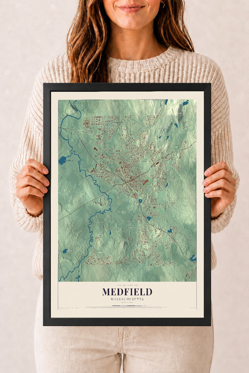 Medfield, Massachusetts map print - 12 x 18 black Ayous wood frame