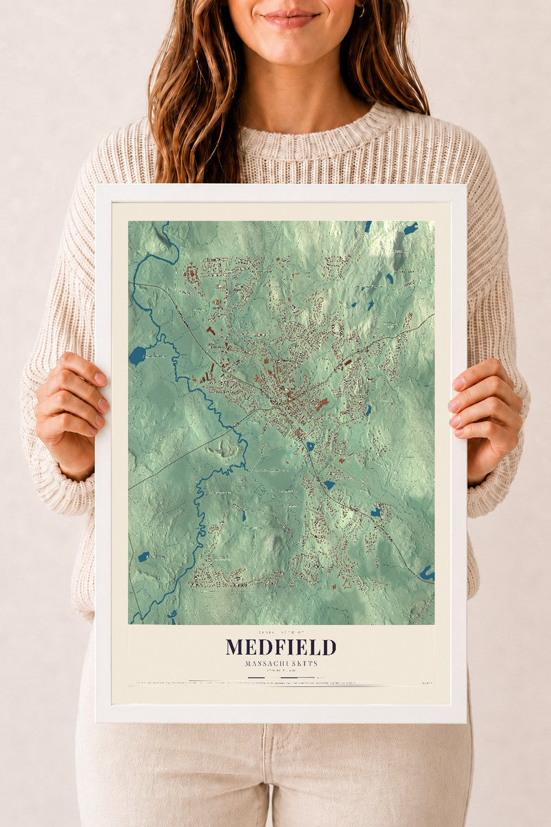 Medfield, Massachusetts map print - 12 x 18 white Ayous wood frame