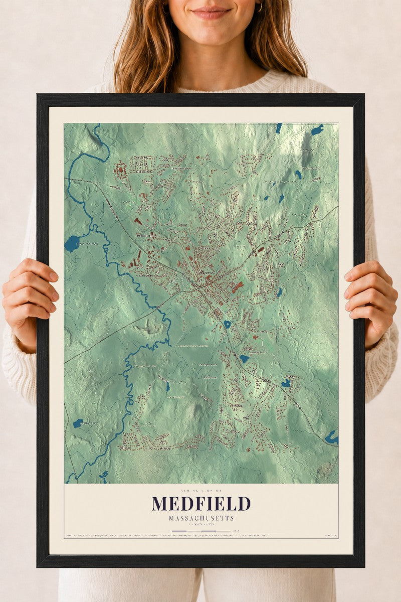 Medfield, Massachusetts map print - 18 x 24 black Ayous wood frame
