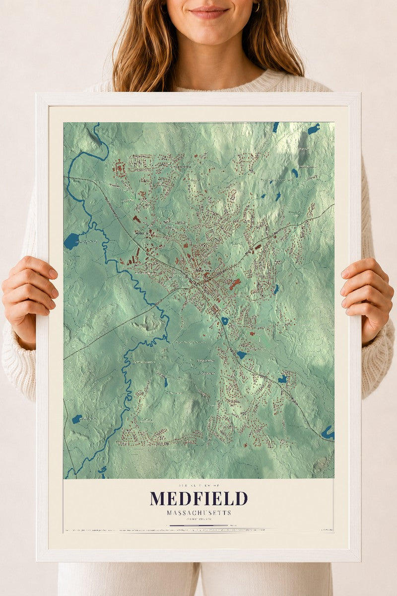 Medfield, Massachusetts map print - 18 x 24 white Ayous wood frame