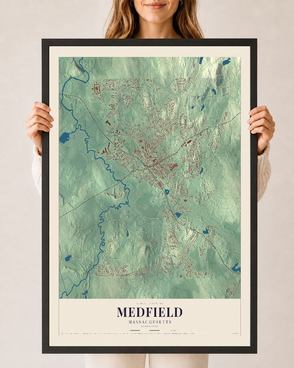 Medfield, Massachusetts map print - 24 x 36 black Ayous wood frame