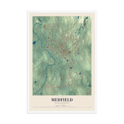 Map of Medfield, Massachusetts, 12 x 18 inch print in a white wood frame
