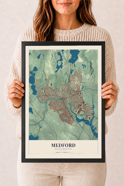 Medford, Massachusetts map print - 12 x 18 black Ayous wood frame