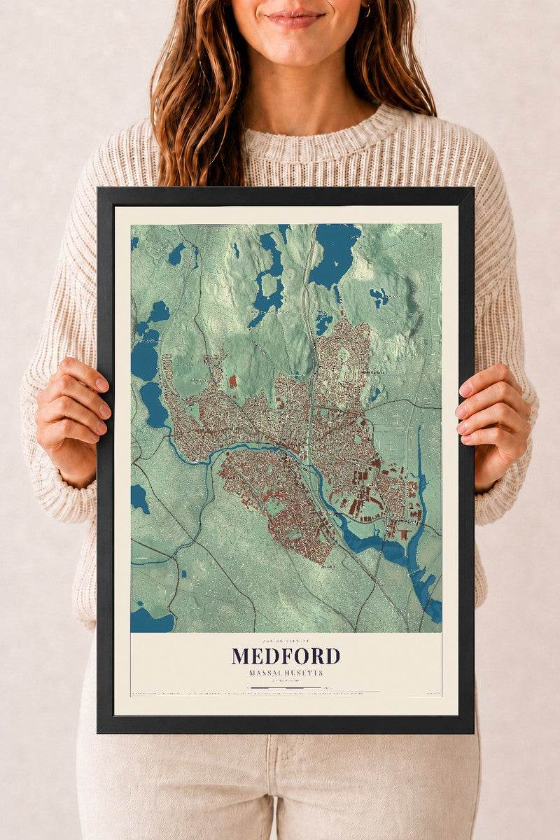 Medford, Massachusetts map print - 12 x 18 black Ayous wood frame